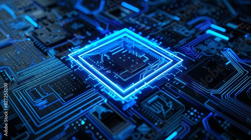 Wallpaper Mural 3d render of glowing blue square frame on black background with circuit board pattern Torontodigital.ca