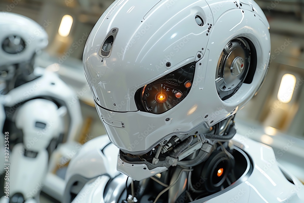 Close-up of a futuristic humanoid robot's head with glowing eyes. Close-up of a futuristic humanoid robot's head with glowing eyes.