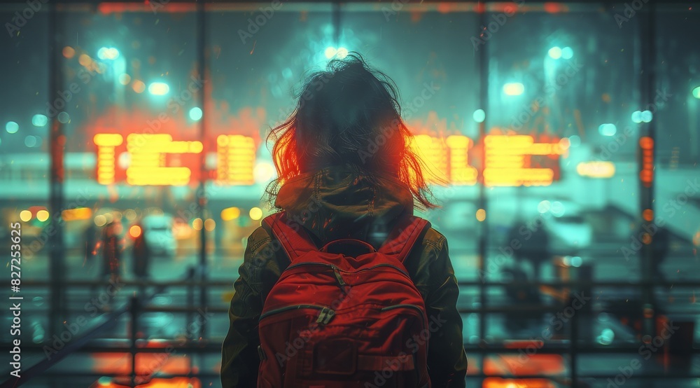 a female traveler gazes out the window, watching the airport scene unfold with a sense of anticipation and curiosity in the terminal building, a female traveler gazes out the window, watching the airport scene unfold with a sense of anticipation and curiosity in the terminal building,