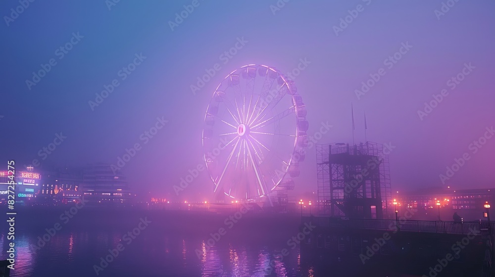 Soft purple hues of twilight sky with Ferris wheel glowing faintly in misty evening.