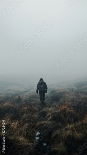 A man is walking through a foggy field