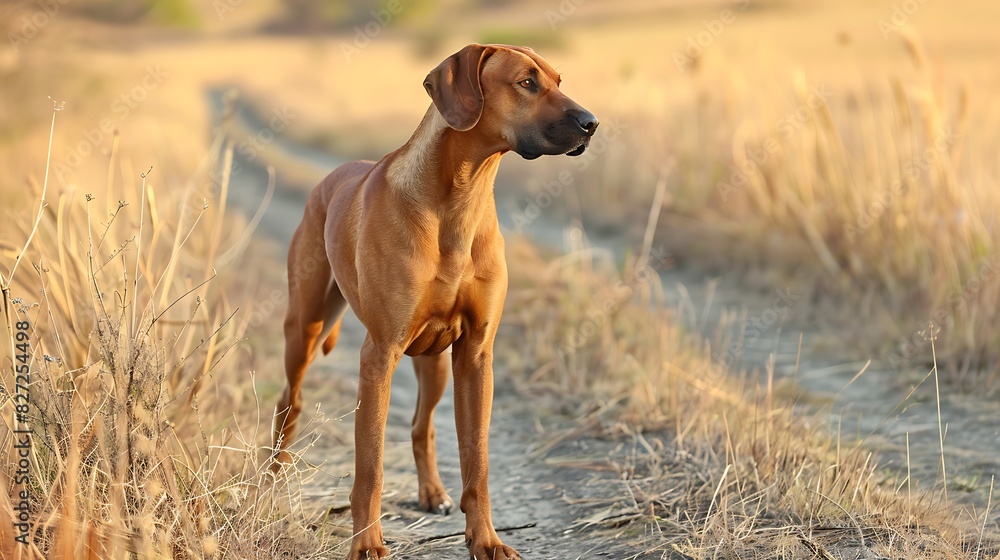 A brown Rhodesian Ridgeback hunting dog leaps through a field
