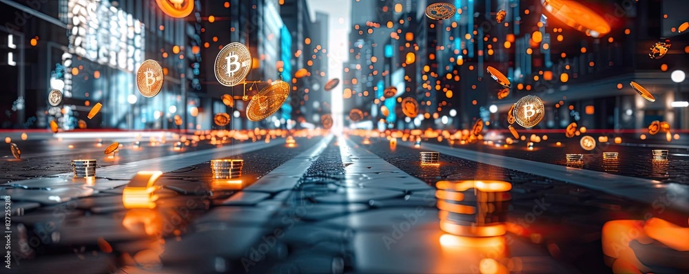 Futuristic cityscape with glowing Bitcoin symbols floating above a street, representing digital currency and blockchain technology. Futuristic cityscape with glowing Bitcoin symbols floating above a street, representing digital currency and blockchain technology.