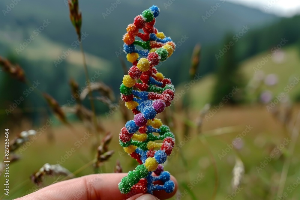Hand holding a colorful beaded DNA model in a natural landscape ...