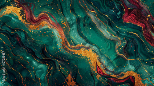 A luxurious abstract texture design with emerald  ruby  and gold mineral patterns  resembling flowing ink in water