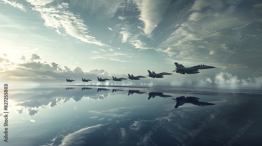 A squadron of fighter jets flying low over a reflective ocean surface
