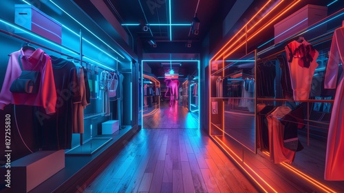 interactive online market with augmented reality fitting rooms top view illustrating enhanced shopping experiences Scifi tone Splitcomplementary color scheme © Saranpong