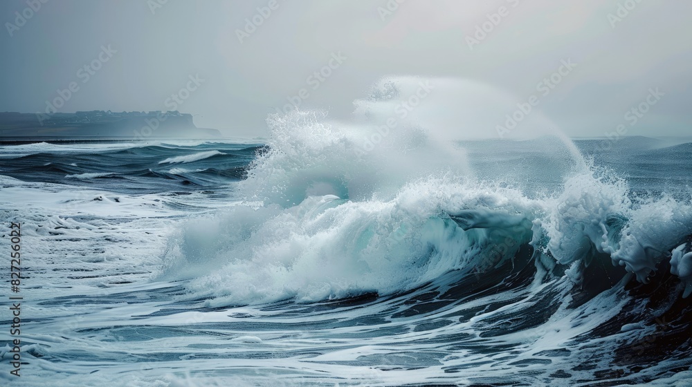 Fototapeta premium Stormy sea with wild waves crashing on the shore