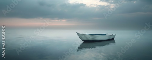 Solitary Boat Drifting on a Calm Sea Under a Dusky Summer Sky Conveying a Sense of Aimlessness and Melancholy photo