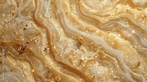Golden abstract grainy texture with sand particles and jewelry pieces for background decoration
