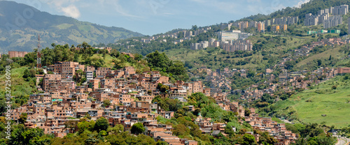 Aerial view of a popular district on a hill of Medellin, Medellín, Antioquia, Colombia.