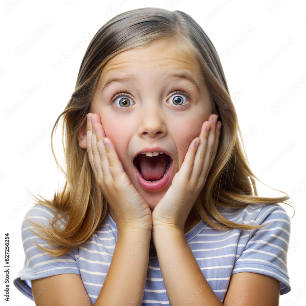 Astonished Young Girl with Hands Raised: A close-up of a young girl with hands raised to her cheeks, eyes wide open, expressing surprise.
Astonished Young Girl with Hands Raised: A close-up of a young girl with hands raised to her cheeks, eyes wide open, expressing surprise.