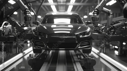 Black and white image of a car on an assembly line in a modern automotive factory with robotic arms working. photo
