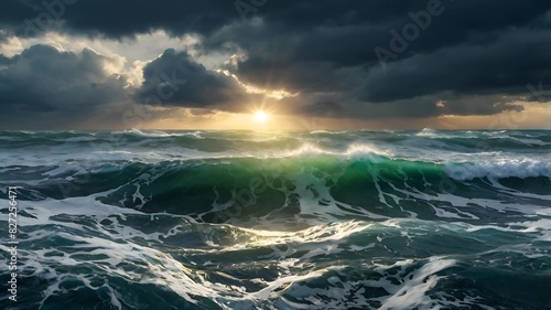 Fototapeta Naklejka Na Ścianę i Meble -  Stormy seascape with stormy sea waves and sun rays