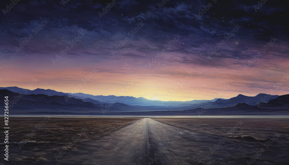 A painting of a desert road with mountains in the background A painting of a desert road with mountains in the background