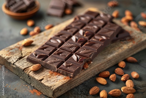 chocolate bars, wooden board, almonds, chocolate bar texture, soft light, 45 degree side angle, dynamic photography © Suzy