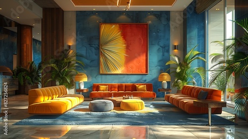 Hotel lobby featuring a mix of bold colors and neutral tones  realistic interior design