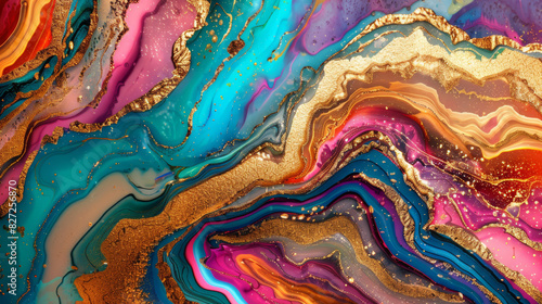 A luxurious abstract texture design with turquoise, magenta, orange, and gold mineral patterns, resembling flowing ink in water