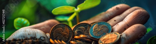 Close-up of a hand holding euro coins with green seedlings and soil background, symbolizing financial growth and investment in nature. photo