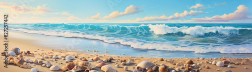 A painting of a beach with a large wave crashing in the background