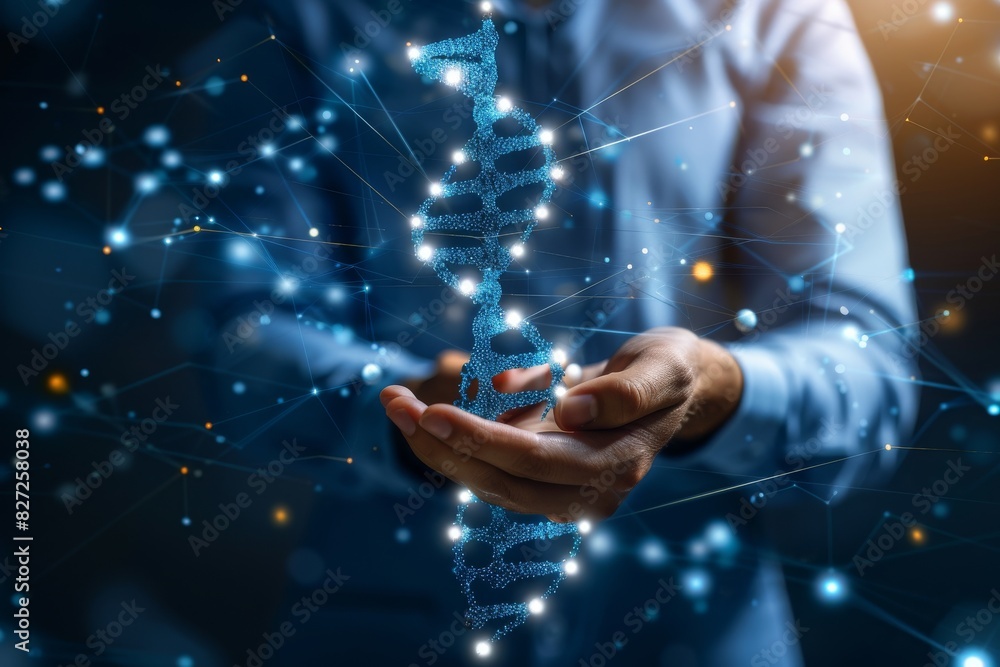 Person holding a glowing blue DNA model in a dark, scientific setting, representing the fusion of genetics and digital technology Person holding a glowing blue DNA model in a dark, scientific setting, representing the fusion of genetics and digital technology