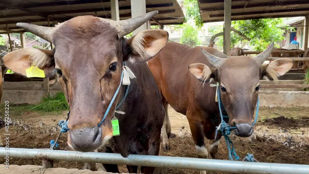 Balinese cows on the farm. herd of beautiful young cows in the pen Balinese cows on the farm. herd of beautiful young cows in the pen