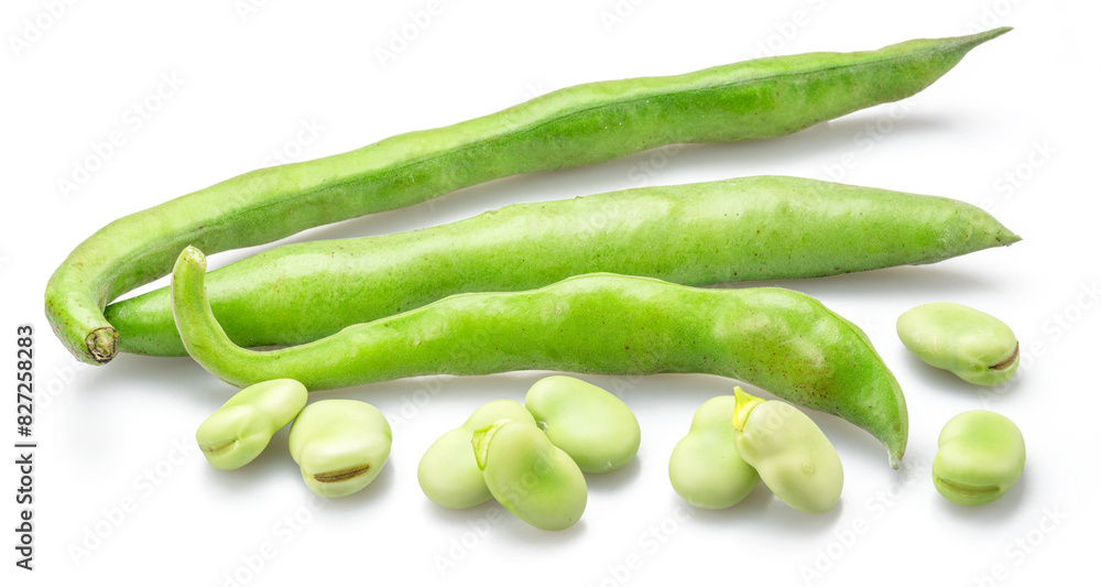 Green young broad bean pods and several broad beans near its isolated on white background. Green young broad bean pods and several broad beans near its isolated on white background.