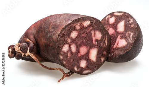 Cross section cut of blood sausage isolated on white background. photo