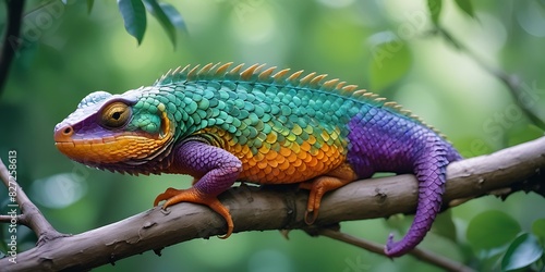 Rainbow Colour Chameleon closeup at plain Teal background ,Chameleon Sitting ,nature ,reptile ,lizard ,dragon , animal ,green , branch ,illustration. © Zigma Arts