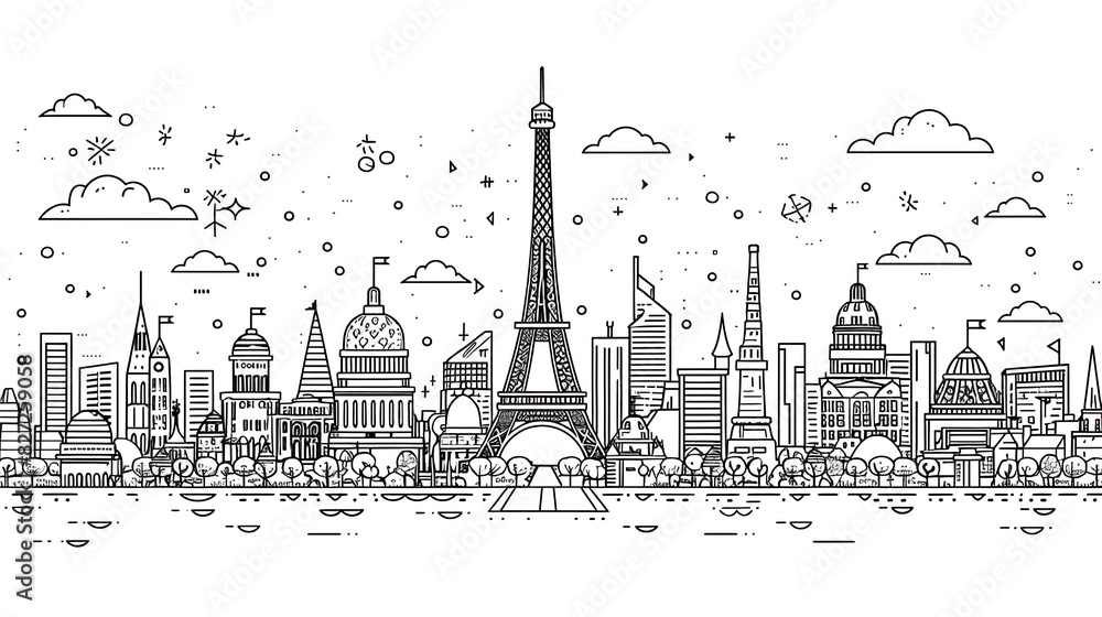 Minimalistic black and white line art of the Paris skyline featuring the Eiffel Tower surrounded by modern and historical buildings Minimalistic black and white line art of the Paris skyline featuring the Eiffel Tower surrounded by modern and historical buildings