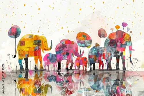 Abstract colorful illustration of elephants. Ai generative art
