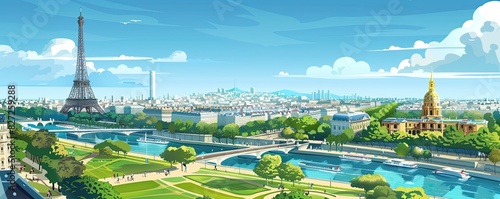 Illustrated view of Paris with the Eiffel Tower and the Seine River on a sunny day