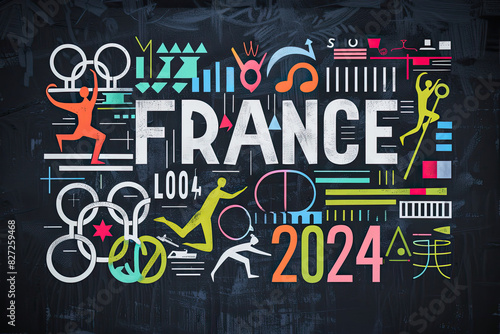 Stylized Olympic-themed design with "France 2024" and various athletic icons on a dark background