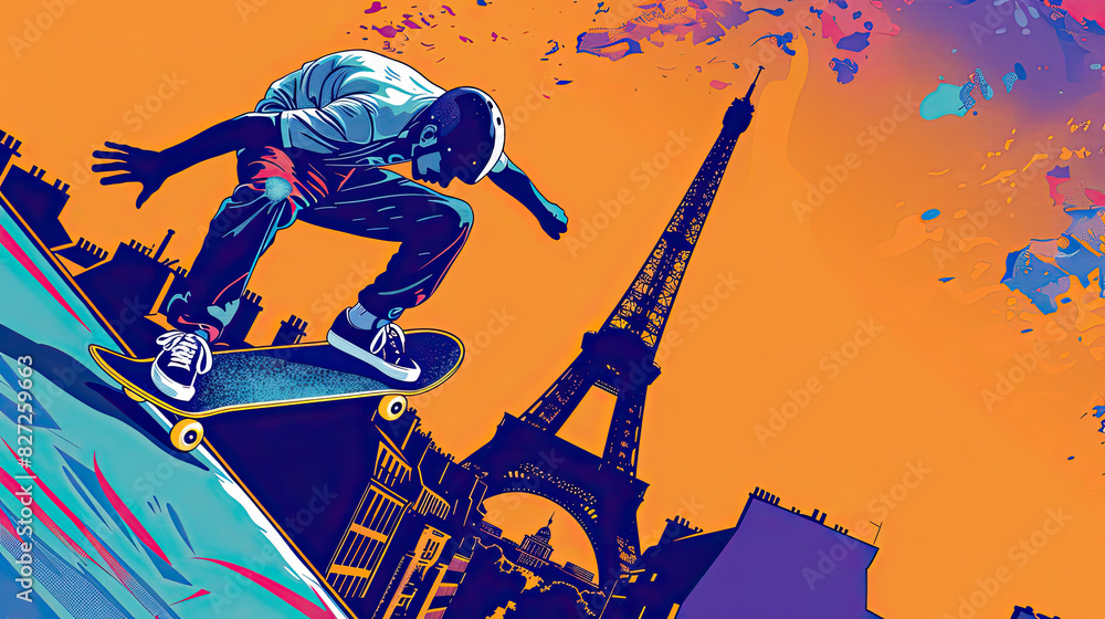 Obraz premium Skateboarder in front of the Eiffel Tower, energetic and colorful illustration