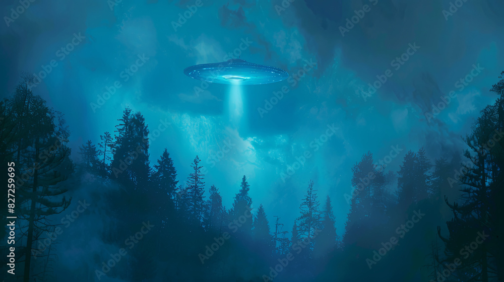 Fototapeta premium Flying UFO vehicle with an alien against the sky