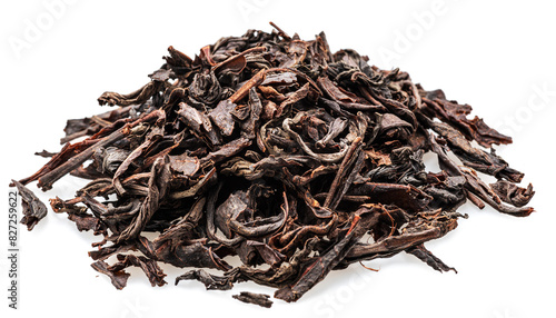 Heap of dried tea leaves isolated on white background. Closeup. photo