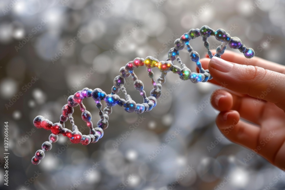 Hand holding a colorful beaded DNA model in a vibrant outdoor setting, showcasing creativity in molecular biology and educational representation Hand holding a colorful beaded DNA model in a vibrant outdoor setting, showcasing creativity in molecular biology and educational representation