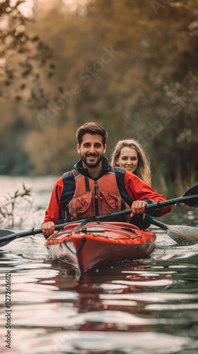 A man and a woman are paddling a kayak on a river