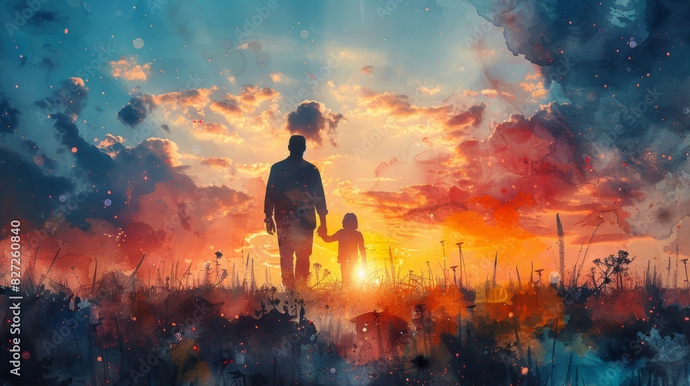 a heartwarming fathers day background featuring a father and child silhouette painted in watercolors against a sunset backdrop a heartwarming fathers day background featuring a father and child silhouette painted in watercolors against a sunset backdrop