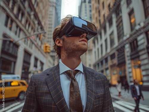 A businessman in a suit and virtual reality goggles on a city street