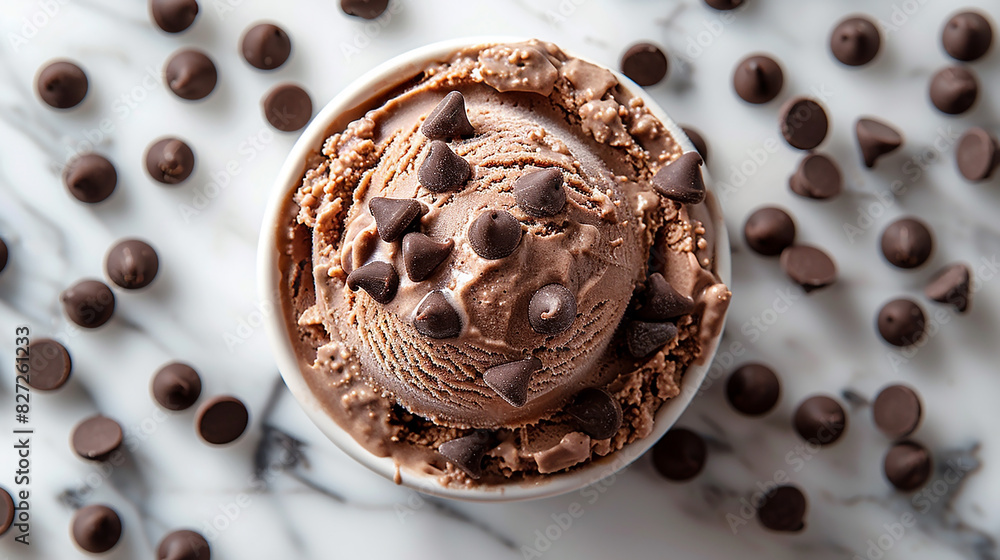 Wide banner photo of delicious scoop of brown color chocolate chips ice cream sorbet on an icecream cup with chocolate chips and powder around in white background Wide banner photo of delicious scoop of brown color chocolate chips ice cream sorbet on an icecream cup with chocolate chips and powder around in white background