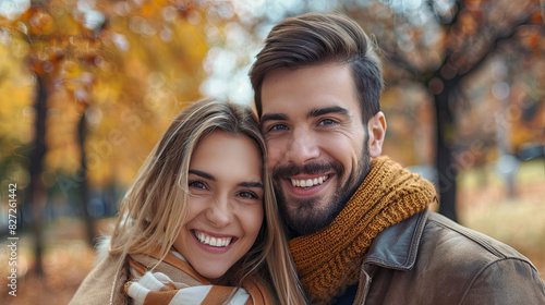 Couple in love on a walk in the autumn park photo