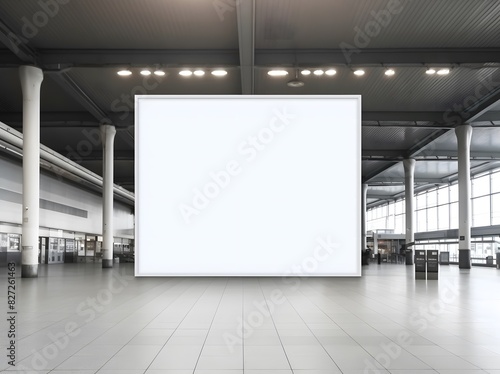 Blank Billboard in Modern Airport Terminal A blank billboard positioned in a spacious, modern airport terminal, ideal for advertising, travel, and commercial purposes. 