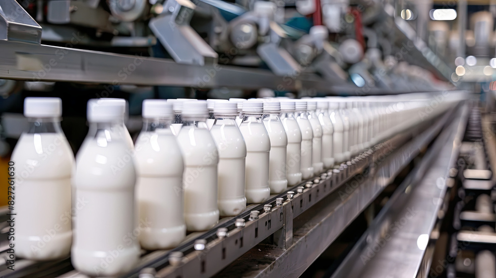 Fototapeta premium The factory produces milk and subsequently packages it into plastic bottles