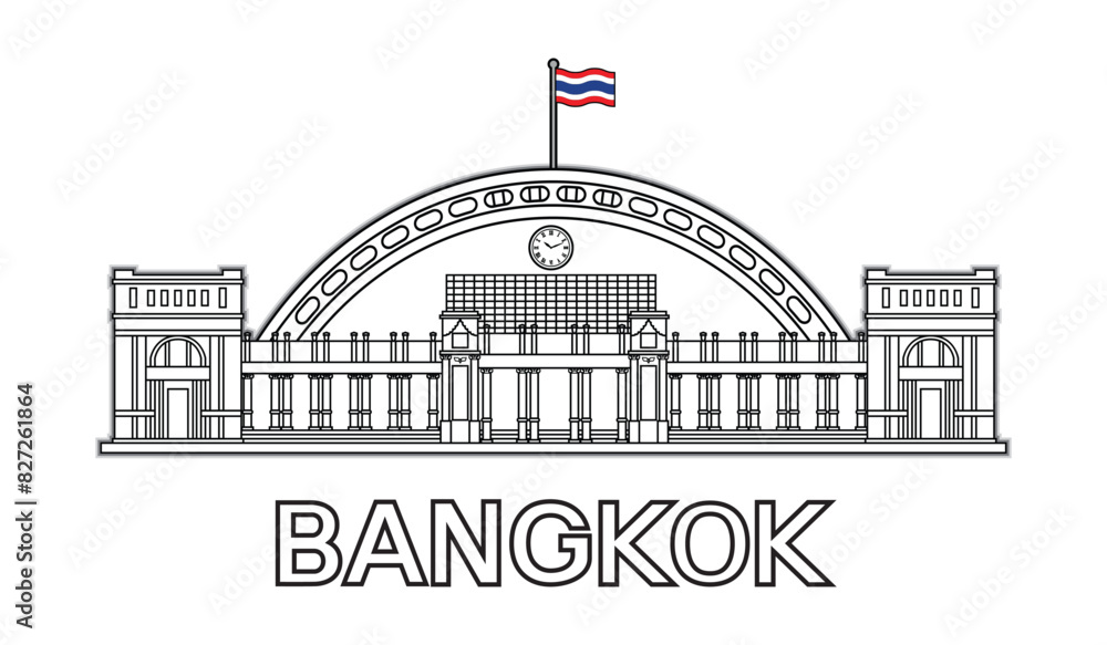 Line art vector of former main grand central Bangkok railway station called Hua Lamphong drawing in black and white