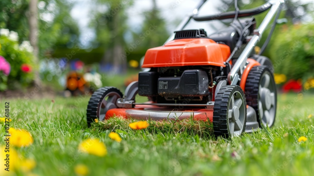 Automated robotic lawn mower cutting lush green grass in beautifully landscaped backyard Automated robotic lawn mower cutting lush green grass in beautifully landscaped backyard