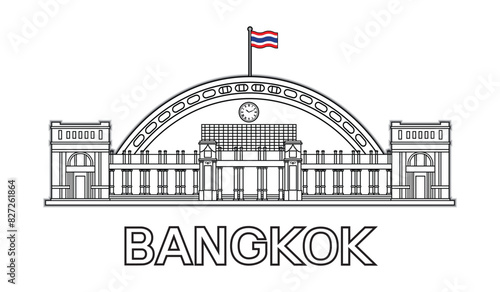 Line art vector of former main grand central Bangkok railway station called Hua Lamphong drawing in black and white