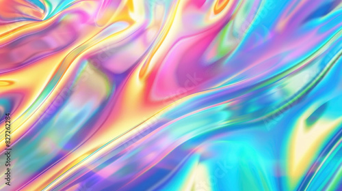 Vibrant waves of pastel and neon colors create an abstract, iridescent pattern with smooth gradients and fluid motion, reminiscent of light reflections on a liquid surface