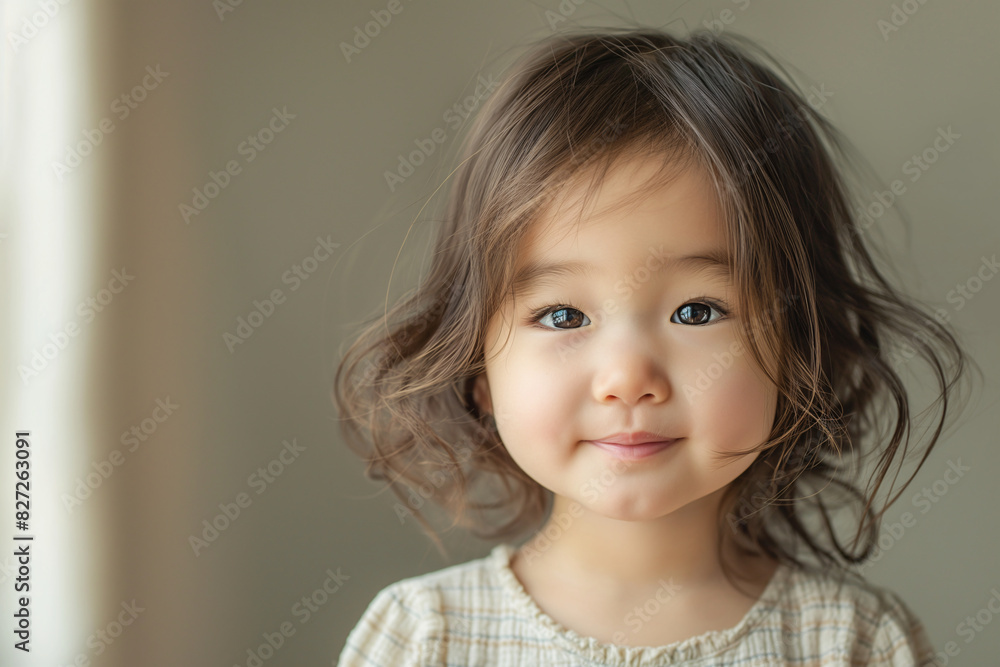 Adorable Asian Toddler Girl with Wavy Hair in Plaid Dress Looking at Camera Adorable Asian Toddler Girl with Wavy Hair in Plaid Dress Looking at Camera