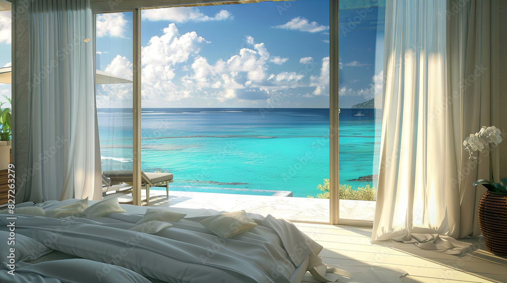 Luxurious bright bedroom overlooking the blue ocean Luxurious bright bedroom overlooking the blue ocean